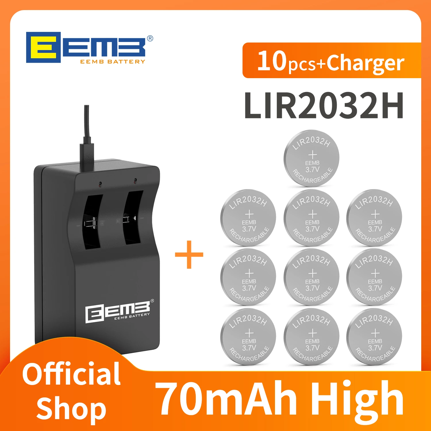 EEMB Button battery lir2032 high capacity 70mah With Charger LIR2032H 3.7v Rechargeable Lithium Cell Coin Batteries