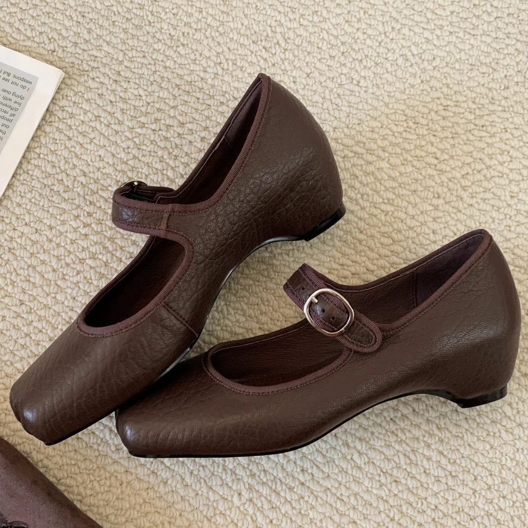 

danxuefei women's sheepskin square toe metal buckle slip-on Mary Jane pumps 5cm wedge med heel elegant ladies daily dress shoes
