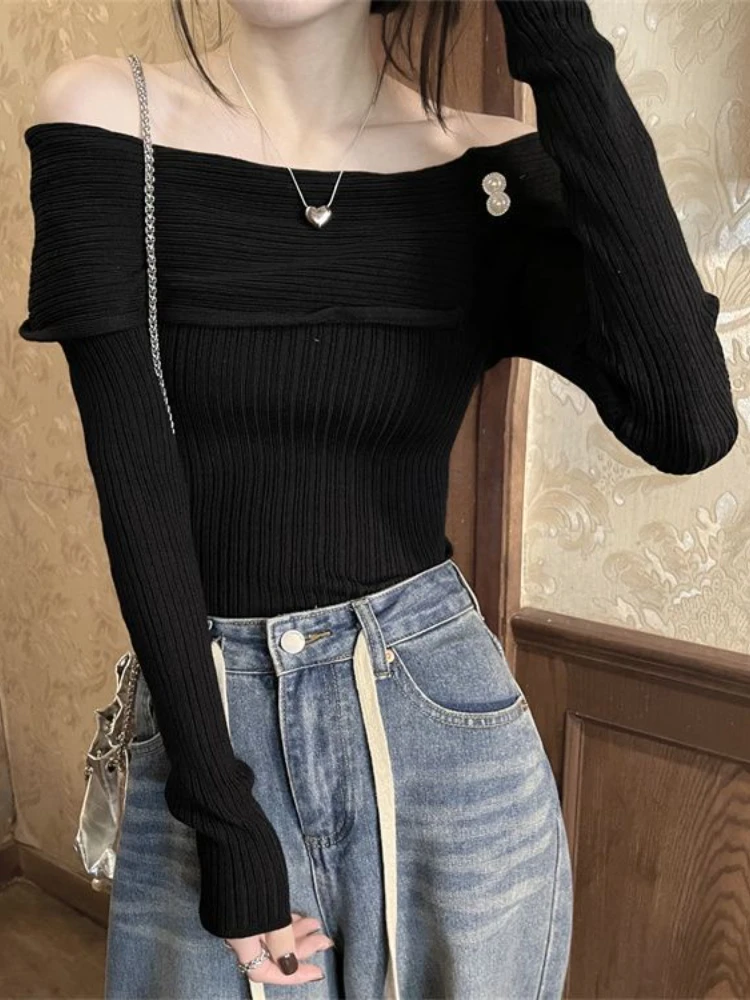 Women Sueter Mujer Slash Neck Tunic Split Jumper Autumn Fashion Button Knitted TedSweater Tops Sexy Y2k Clothing Crop Pullvoers