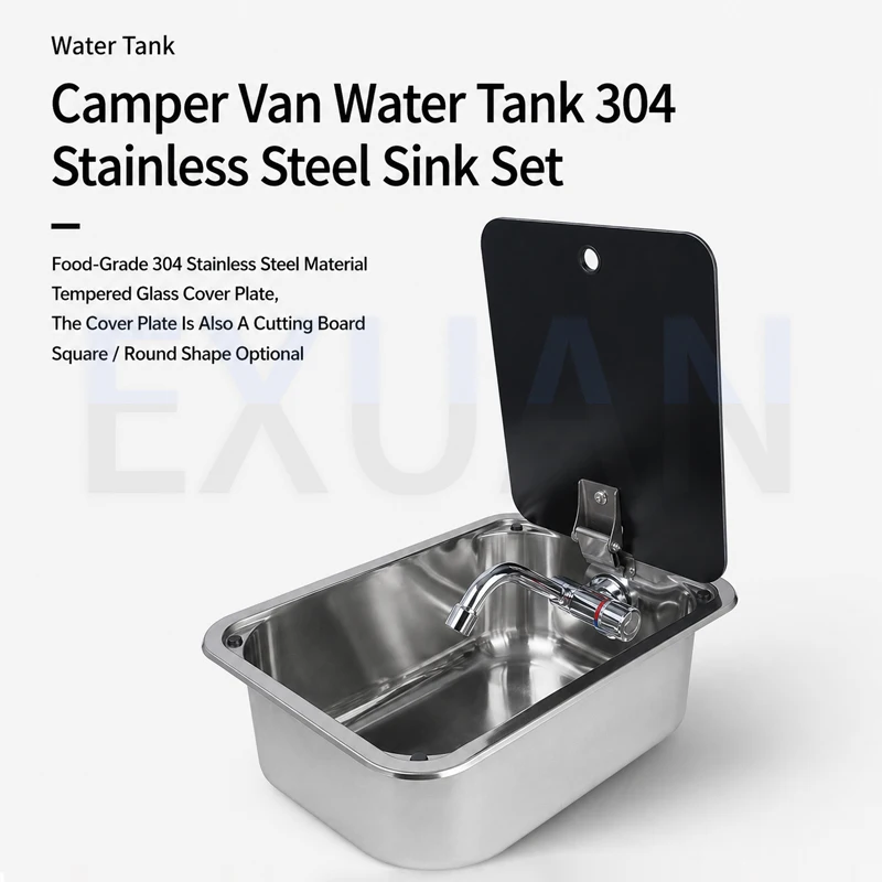 RV Sink With Faucet for Caravan Stainless Steel Hand Wash Basin Round & Square Sink with Tempered Glass Lid Camper Accessories