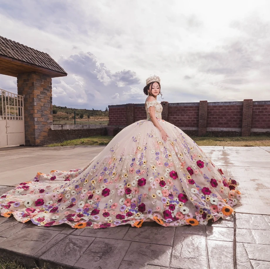 

Chamapgne Princess Quinceanera Dresses Off Shoulder 3D Floral Tassel Lace-Up Customsized Mexican Charro Vestidos De 15 Anos
