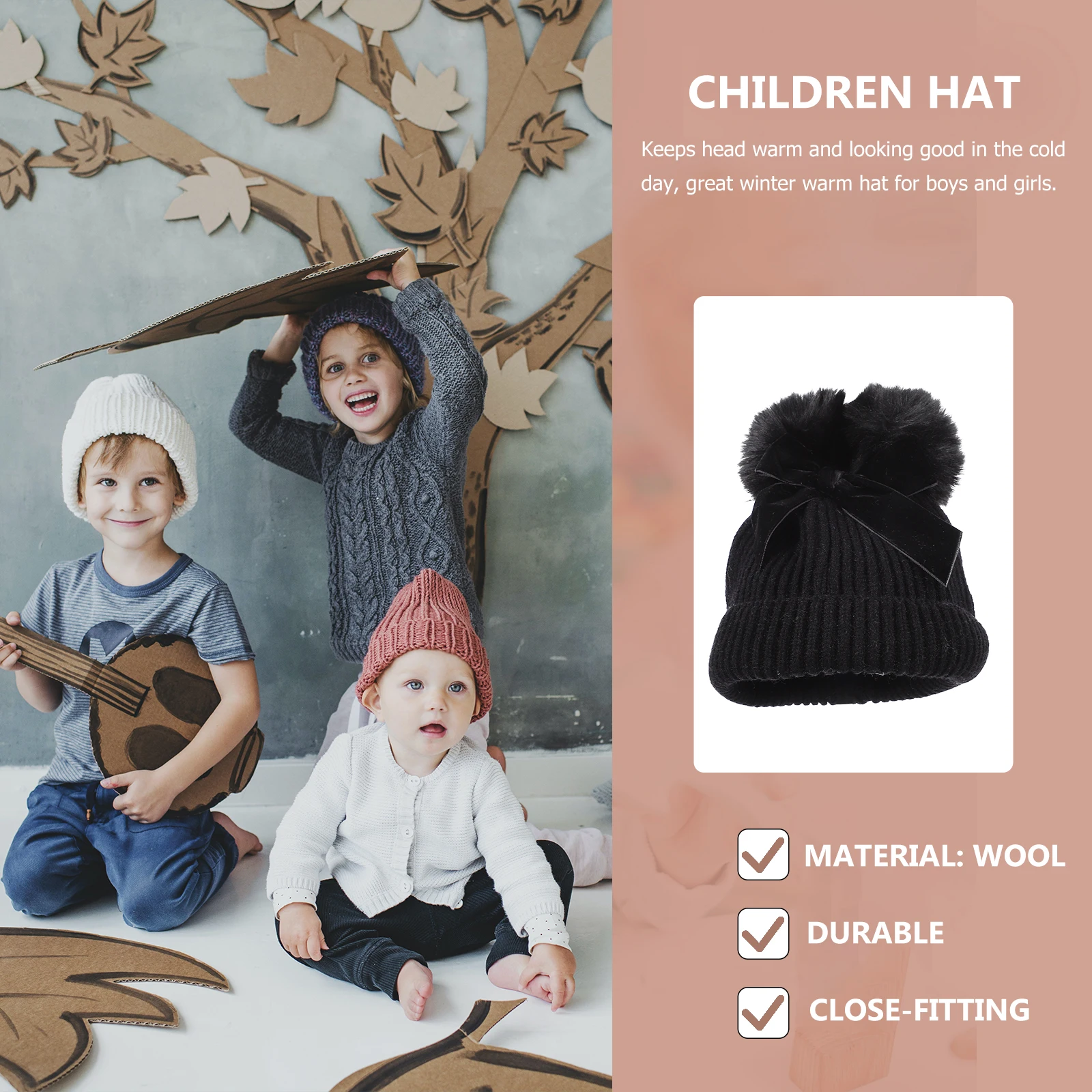 

Children Knitted Hat Kids Knitting Hat Bow Decor Furry Balls Winter Warm Toddler Wool Cap Soft Comfortable Elastic Bright Colors