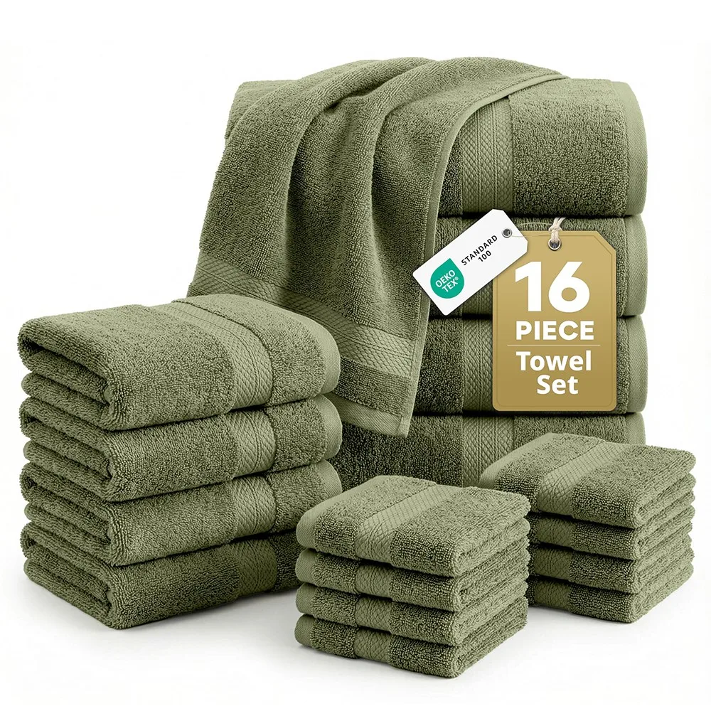 16 Piece 100% Cotton Towel Set, Soft Absorbent Quick Dry Bathroom Towels for Home Use