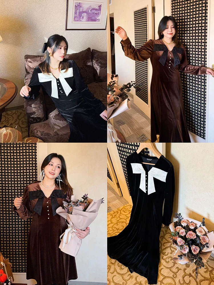 

Оригинальное бархатное платье Vogana с бантом, длинными и короткими рукавами, для вечеринок и ежегодных встреч, больших размеров, в корейском стиле, с завышенной талией