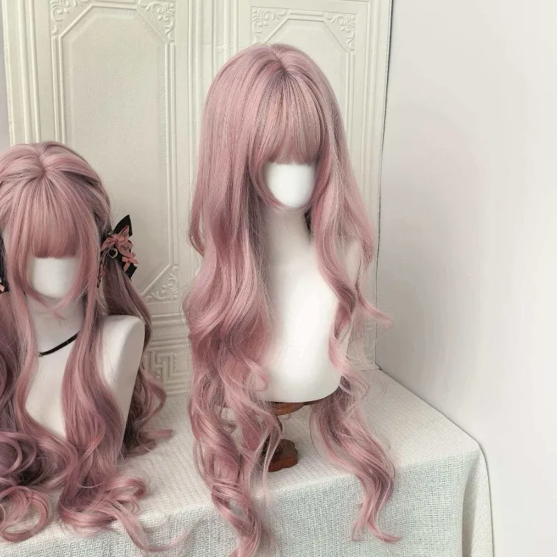 Pink Purple Long Curly Synthetic Wig for Women Full Bangs 85cm Heat Resistant Full Head Wig Natural Looking Daily Party Wear