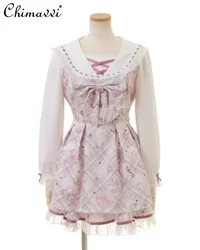 Liz Japanese Mine Dress Set 2025 Spring New Sweet and Cute Bow Bear Long Sleeve Lolita Dress Top and Shorts Kawaii Two-piece Set