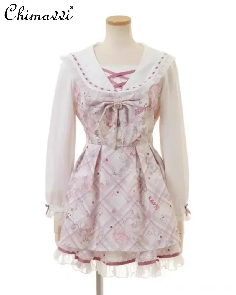 Liz Japanese Mine Dress Set 2025 Spring New Sweet and Cute Bow Bear Long Sleeve Lolita Dress Top and Shorts Kawaii Dwuczęściowy zestaw