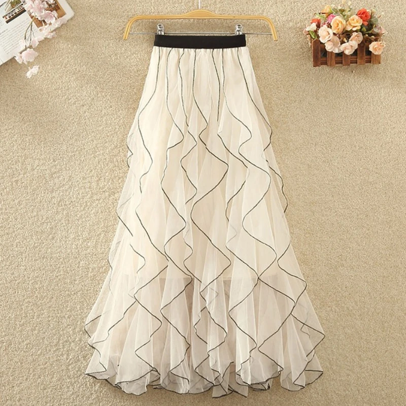 

Women's Elegant Wave Pattern Fairy Mesh Ruffle Skirt High Waist A-Line Large Swing Long Skirt Half Body Skirts Ropa Para Mujer