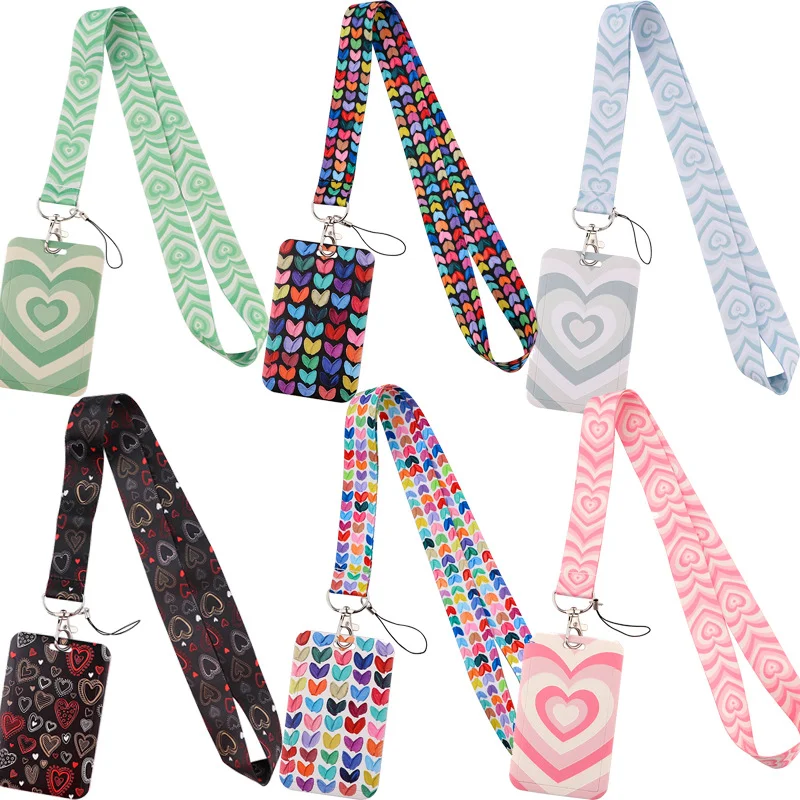 1set ID Name Badge Holder with Cellphone Hanging Rope Hearts Pattern Work Pass Card Sleeve with Polyester Lanyard Neck Strap