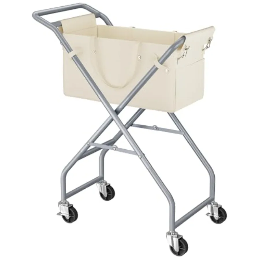 

No-Bend Laundry Cart with Locking Wheels Foldable Handle Screw-Free Assembly Durable Metal Frame Removable Liner Bag for Bedroo