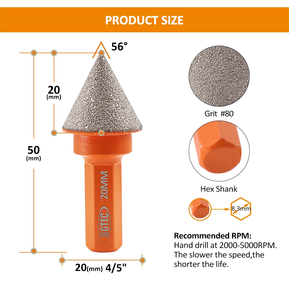 BGTEC 1/2 pz 20mm punte diamantate codolo esagonale granito marmo piastrelle porcellana quarzo lucidatura trapano a mano punte smussate diamantate