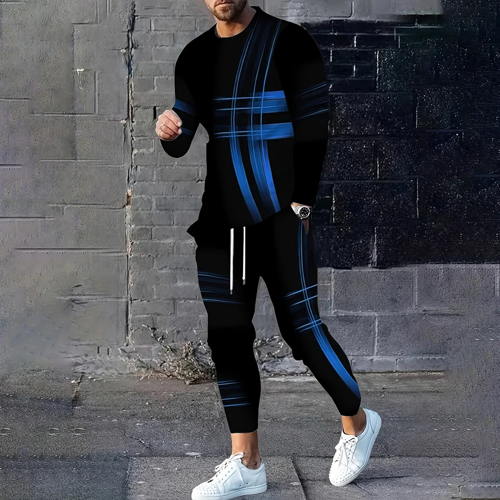 

Handsome And Comfortable Two-piece Printed Long-sleeved Sweater Pants Sub Sportswear Men's Fitness Workout Running Sports Suit