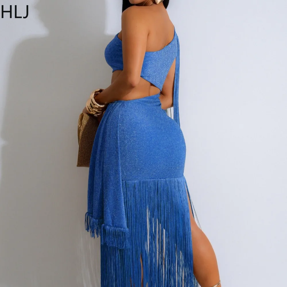 HLJ أنيقة شرابة المرقعة Bodycon فستان طويل بلوزات غير مغطية للكتف طويلة الأكمام الجوف خارج فستان الإناث ليلة حفلة Vestidos جديد