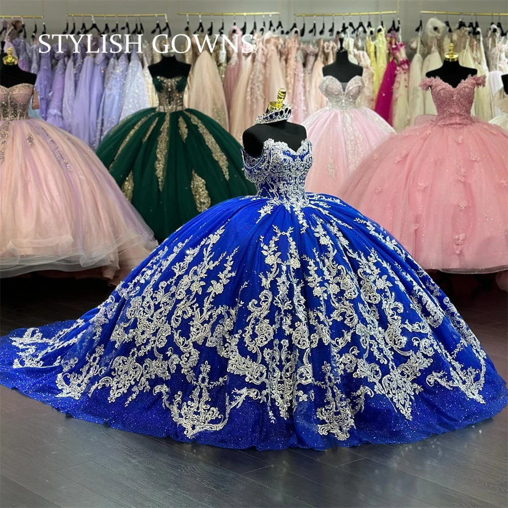 

Mexico Royal Blue Off the Shoulder Quinceanera Dress Beaded Appliques Princess Ball Gown for Sweet 16 Birthday Party Robe De Bal