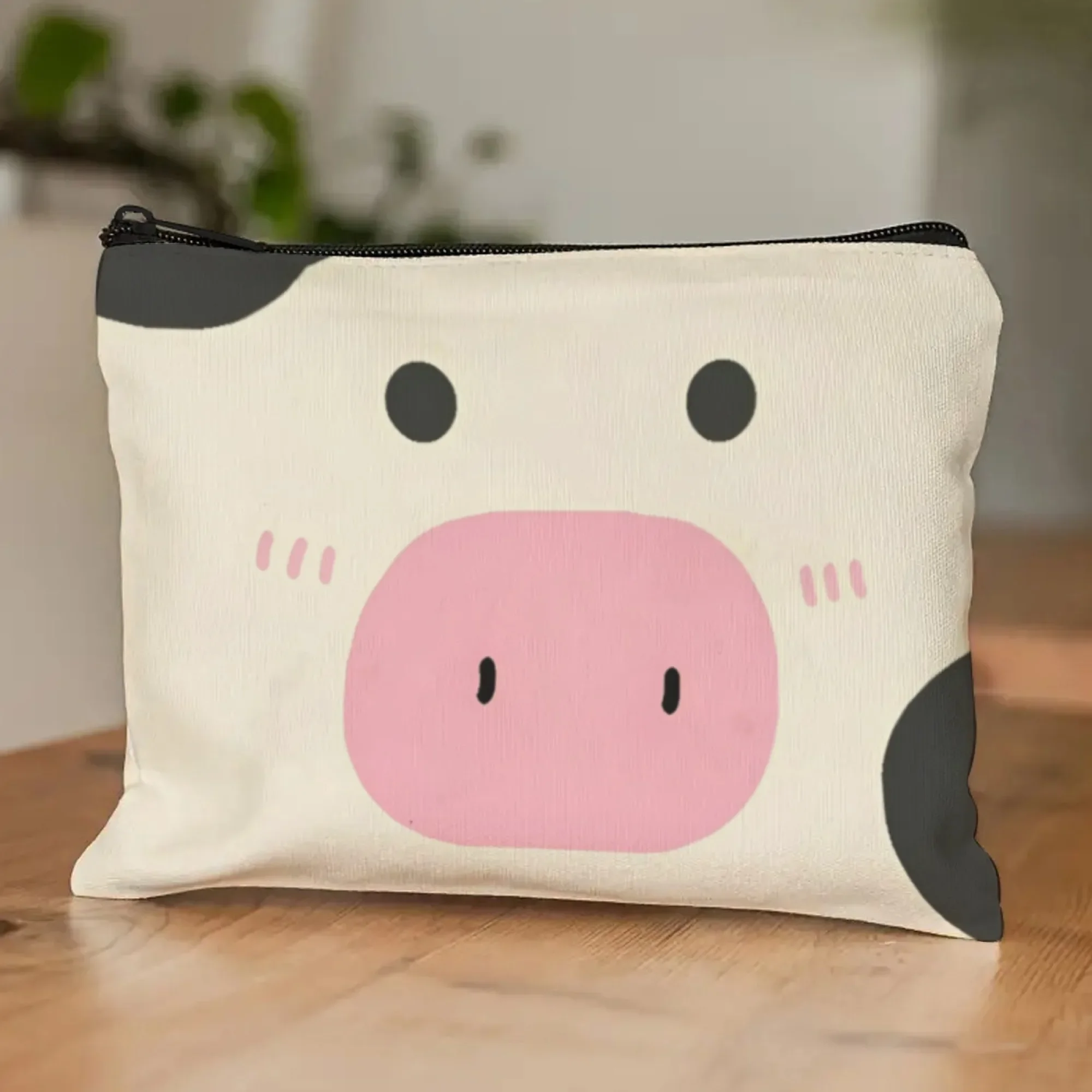 

Cute Sweet Canvas Makeup Bag with Cartoon Cow Design, Zipper Closure, Playful Cosmetic Pouch for Girls Travel & Home Gift