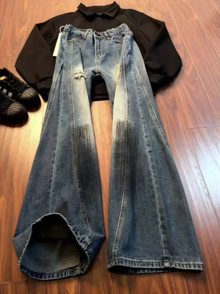 Deep Blue Retro Knife  Men's Jeans Spring Design High Street Loose Flared Pants Wear Resistant Casual Straight Leg Jeans