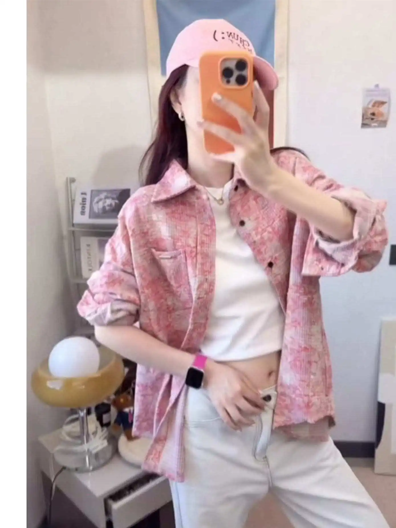 

plus Size 300 Pounds Women's Pink Plaid Shirt Spring Summer Casual Loose Fit Long Sleeve Turn-down Collar Sun Protection Oute...