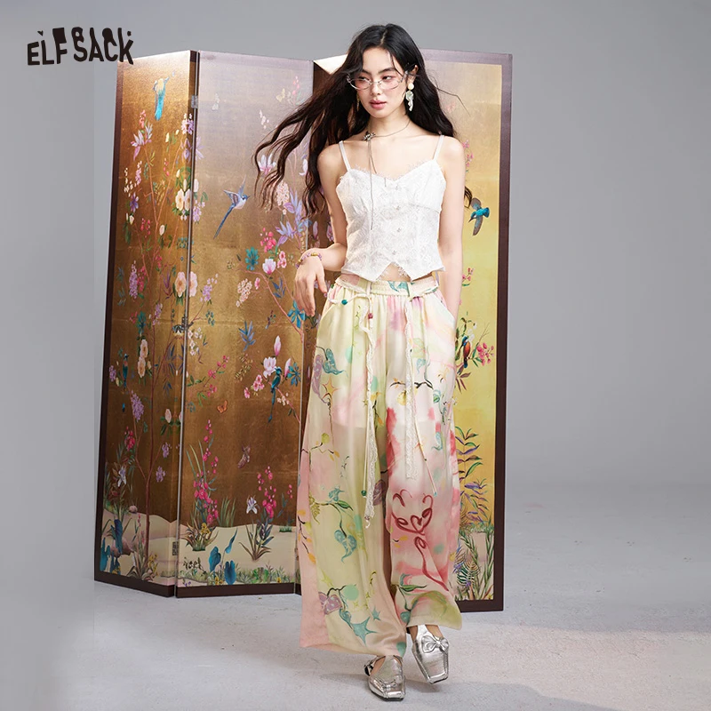 ELFSACK Watercolor Floral Print Wide Leg Pants, Boho Drawstring Waist Palazzo Trousers, Fairycore Casual High-Waisted Pants