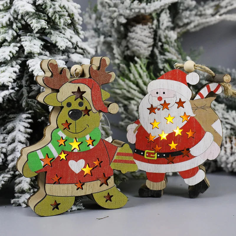 New Cartoon Decoration Wooden Glowing Santa Deer Ornament Chain Fun Cute Festival Christmas Tree Pendant Creative Christmas Gift