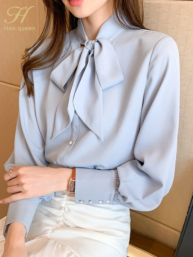 H Han Queen New Arrival Shirt Womens Blouse Vintage Work Casual Tops Chiffon Blouse Bow Elegant Loose Women Business Shirts 2021