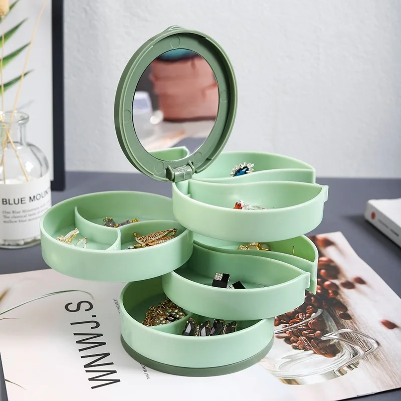 

Rotating jewelry storage box, household with mirror dust-proof, necklace, earrings, rings, multi-functional jewelry box.