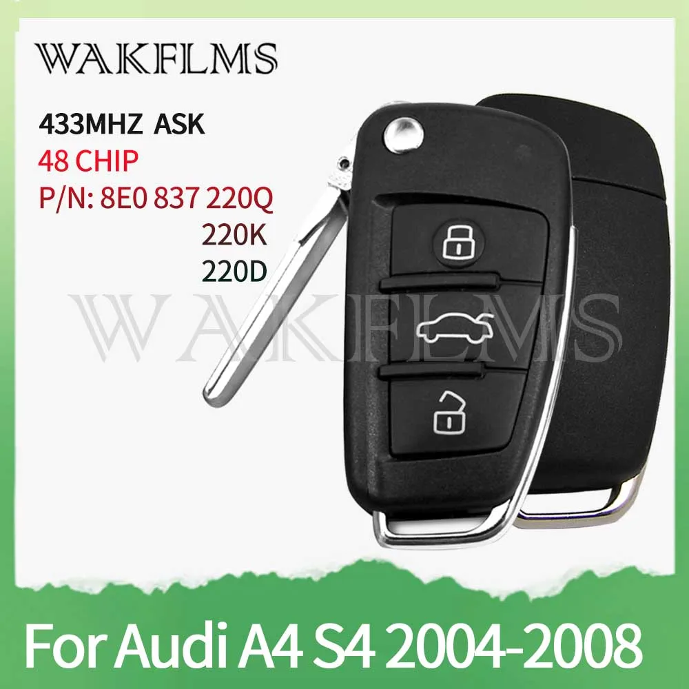 IMMO4 Fernbedienungs-Autoschlüssel 433MHz für AUDI A2 A4 S4 RS4 Cabrio Quattro Avant 2005 2006 2007 2008 48 Chip 8E0837 220Q 220K 220D – Detail 1