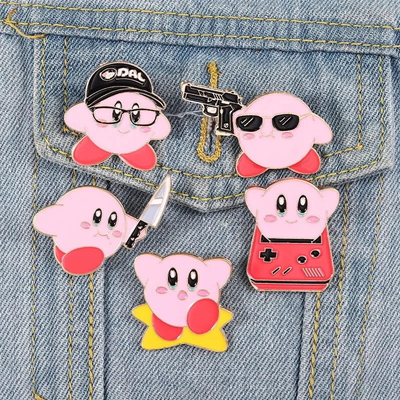 5pcs Set Funny Game Kirby Enamel Pins Metal Magic Anime Brooch Backpack Hat Bag Collar Lapel Badges Student Friend Birthday Gift
