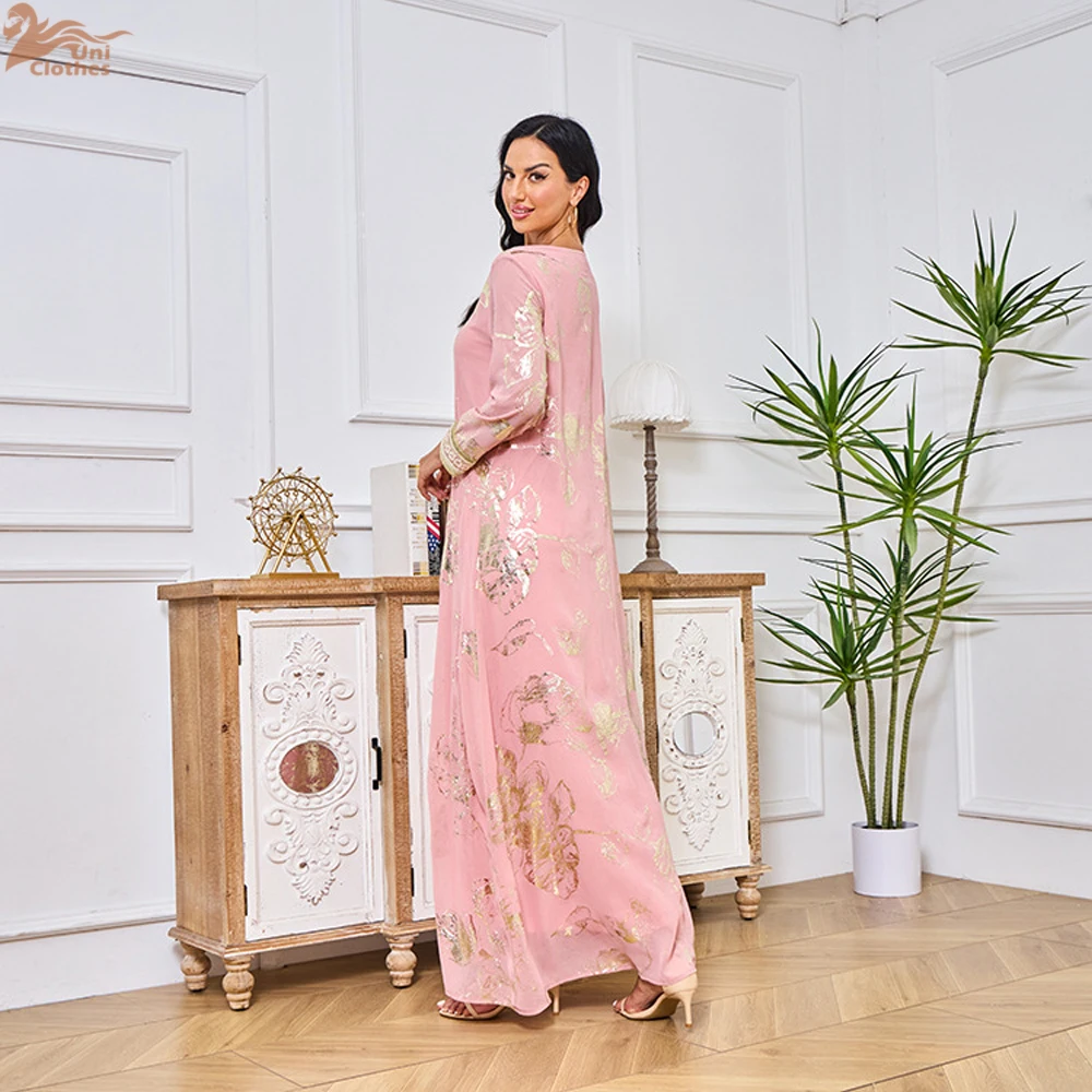 Eid 2025 Muslim Dress for Women Print Lace-up Pink Party Maxi Long Dresses Ramadan Caftan Belt Evening Dubai Woman Jalabiya