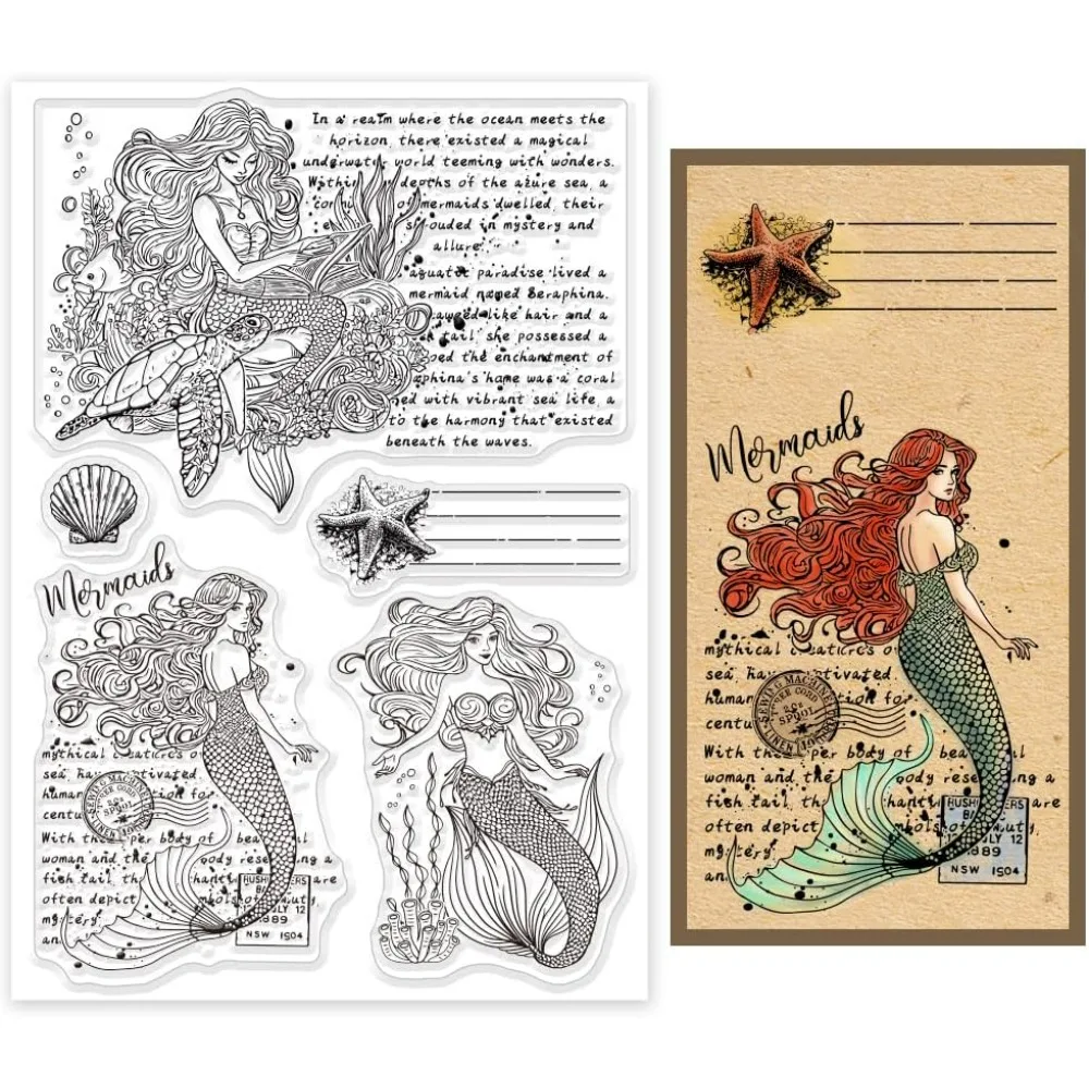 Vintage Mermaid and Text Background Clear Stamps for Cards Making Retro Seaworld Clear Stamp Seals Transparent Stamps for DIY