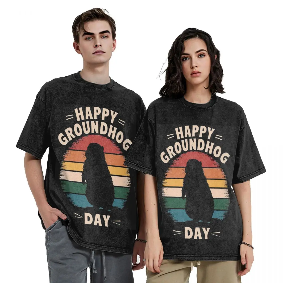 Celebrate Groundhog Day Hip Hop Short Sleeve T-Shirts Washed Tops Tees Streetwear T Shirt Harajuku for Men Women