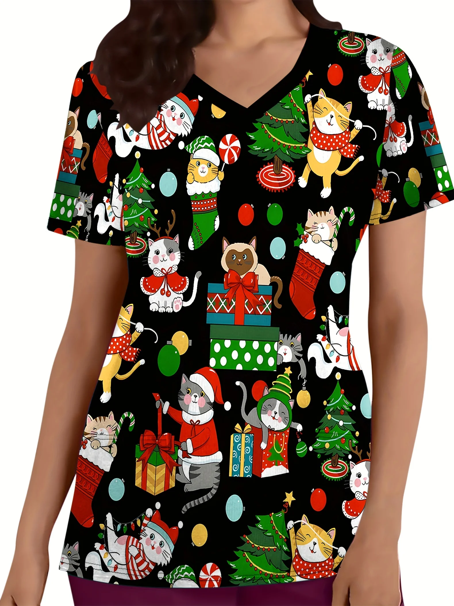 

Cartoon Print Short Sleeve Stretchy V-neck Top, Comfortable & Functional Health Care Uniform For Nurse, Women's Work Clothing