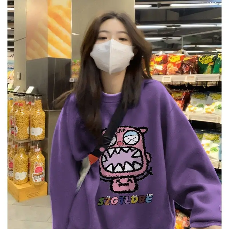 Moletom Longo Solto com Capuz para Mulheres, Estilo Fashion, Estampado, Novo, Pulôver Redondo Coreano