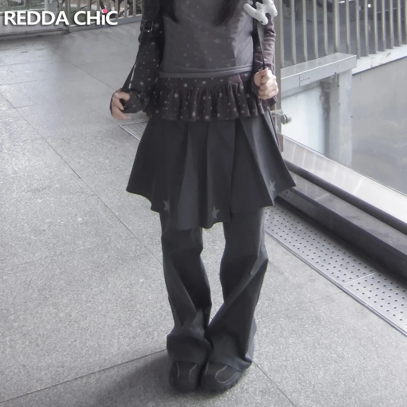 

REDDACHiC Pleated Wrap Pants for Women Vintage Skirt Removable Loose Gray Star Print Draped Wide Leg Pants Korean Streetwear