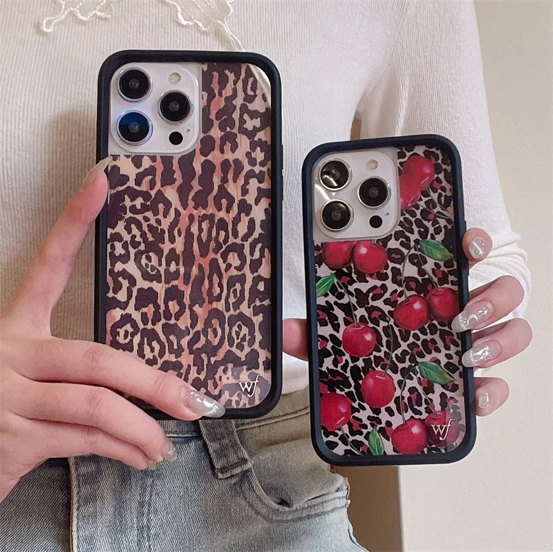 Wildflower 3D Leopard Cherry Phone Case for iPhone 15 14 13 12 16 Pro Max 15 Pro Max WF Dream Bear Cute Cartoon Cover Funda