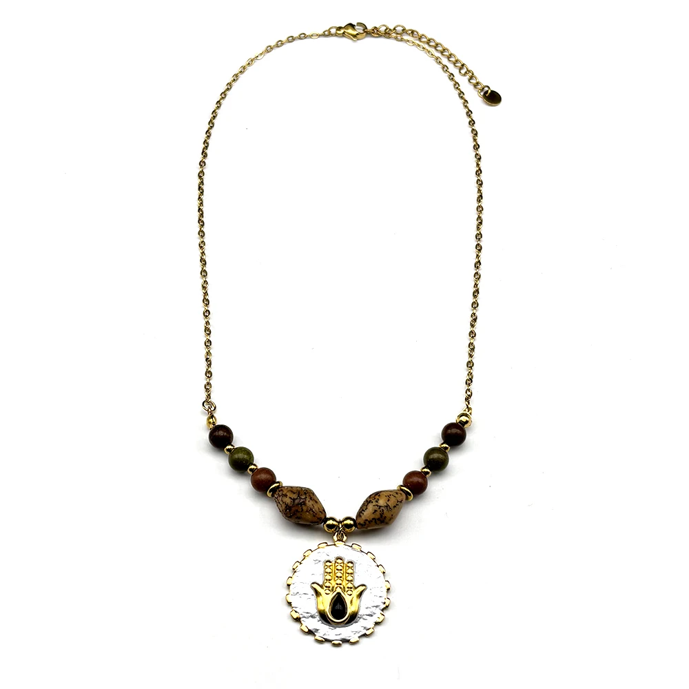 

Bohemian Natural Stone Beads Hamsa Hand Choker Necklace For Women Girl Stainless Steel Handmade Chain Aesthetic Jewelry Gift