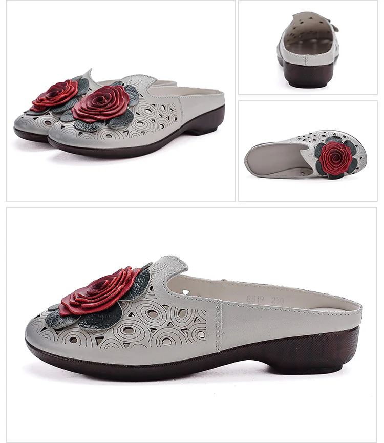 Neue große Blumen-Sandalen aus Rindsleder für Damen, Sommer-Mules mit Cut-Outs, niedrige Absätze, Retro-Luxus-Slipper-Sandalen, Slip-On-Schuhe für Damen – Detail 19