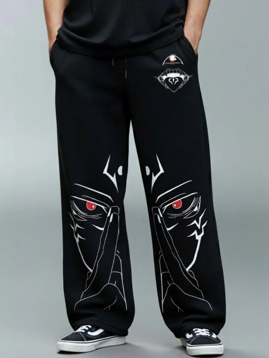 Men Dual-side Anime Red Eye Print Soft Drape Loose Trousers, Alt Anime Street Fashion,From Pop-up Boutiques Evening City Strolls