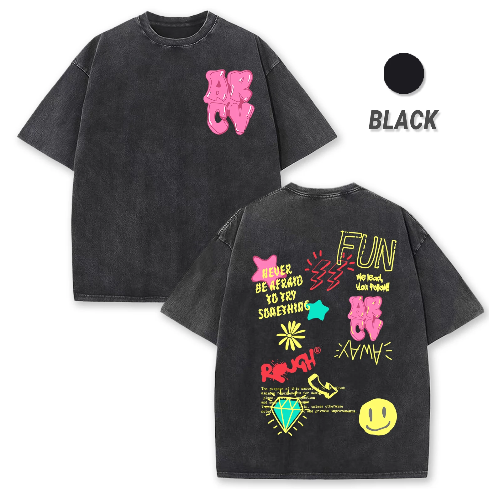 

Never Be Afraid To Try Something Print Washed T-Shirts Mens Summer O-Neck T Shirt Cotton All-Match Top Casual Hip Hop Clothes