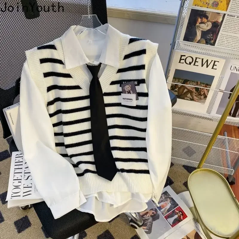 Preppy Style Knit Striped Sweater Vest Long Sleeve White Blouses Two Piece Sets Women's Clothing Fashion Tanks Shirts Outfits