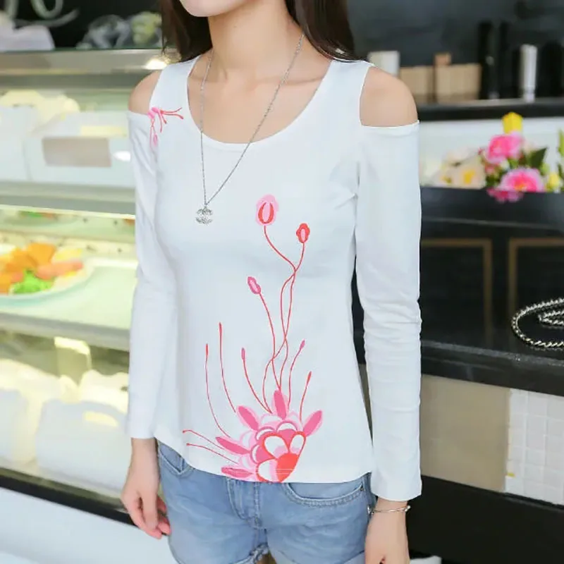

Nice Women's T-shirt Spring Autumn New Ethnic Printed Long-sleeved Slim Off-shoulder Ripped Top Round Neck Bottoming Woman Shir