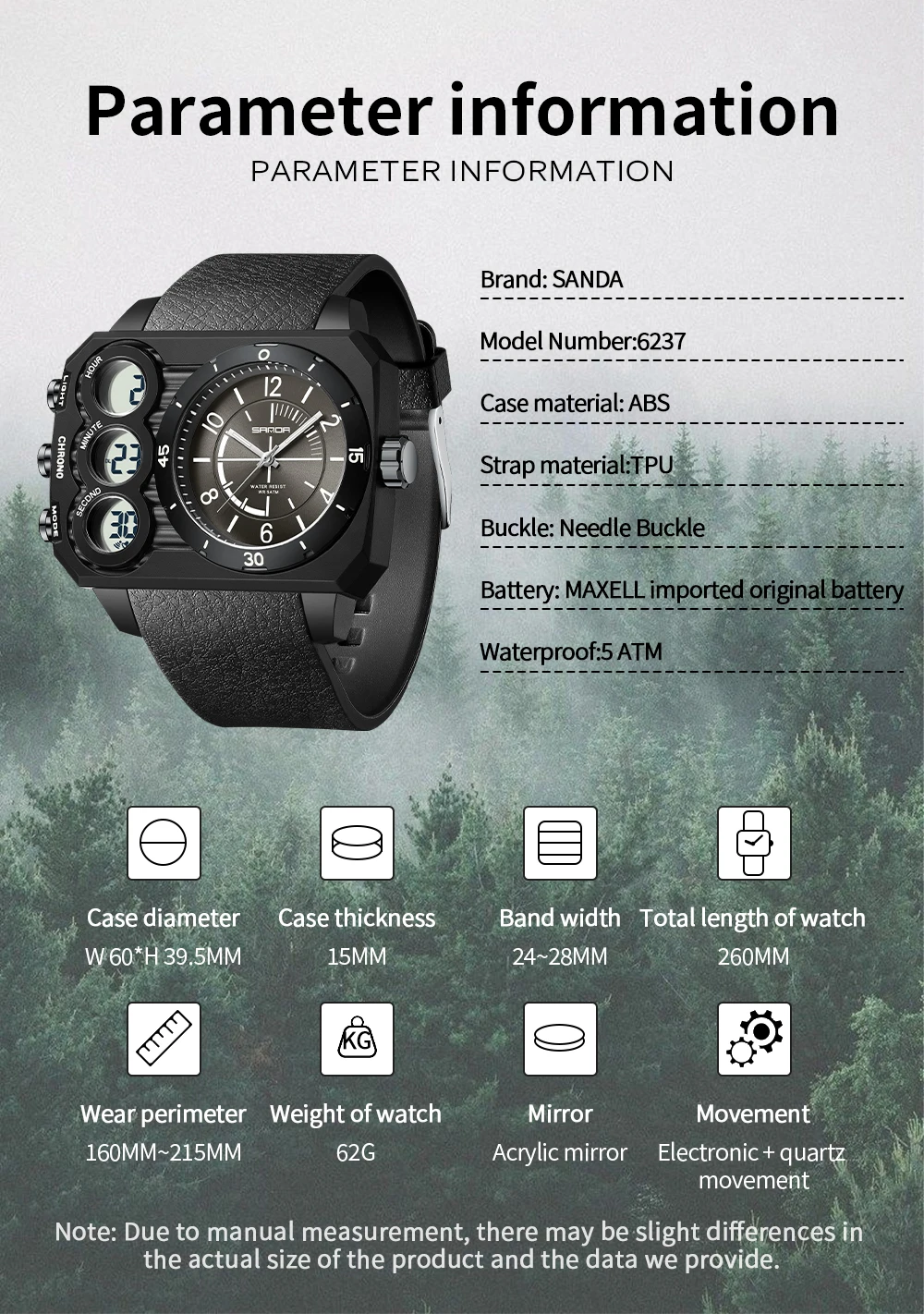 SANDA 6237 Men\'s Electronic Watch Fashion Sports Waterproof Luminous Creative Large Dial Calendar Cool Digital Watches for Men