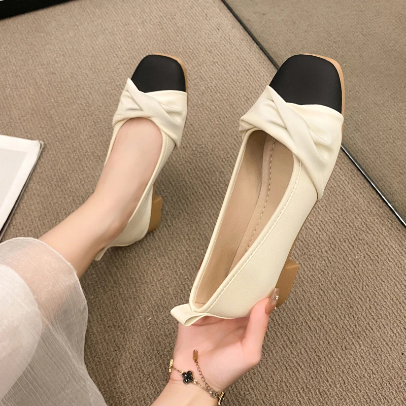 Women's Summer New Medium Heel Square Head Curved Party Leather Shoes Fashion Comfortable Soft-soled Professional Oxford Shoes