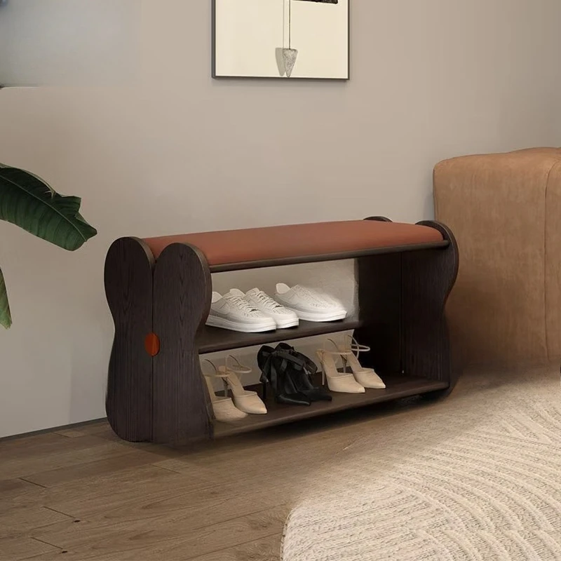

Solid wood shoe changing stool, home entrance entrance, high-end shoe rack, ash wood storage, medieval style shoe stool
