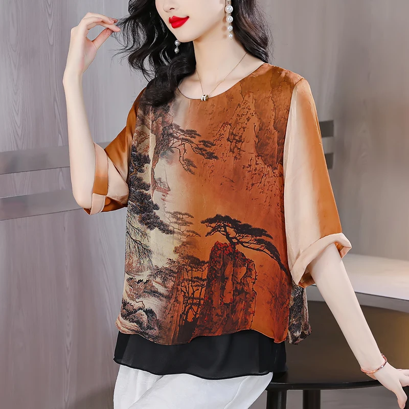 2023 Summer New Women's Silk Vintage Printed Shirt Fashion T-shirt Middle aged Mom Fashion Chiffon Shirt French Loose Large Top