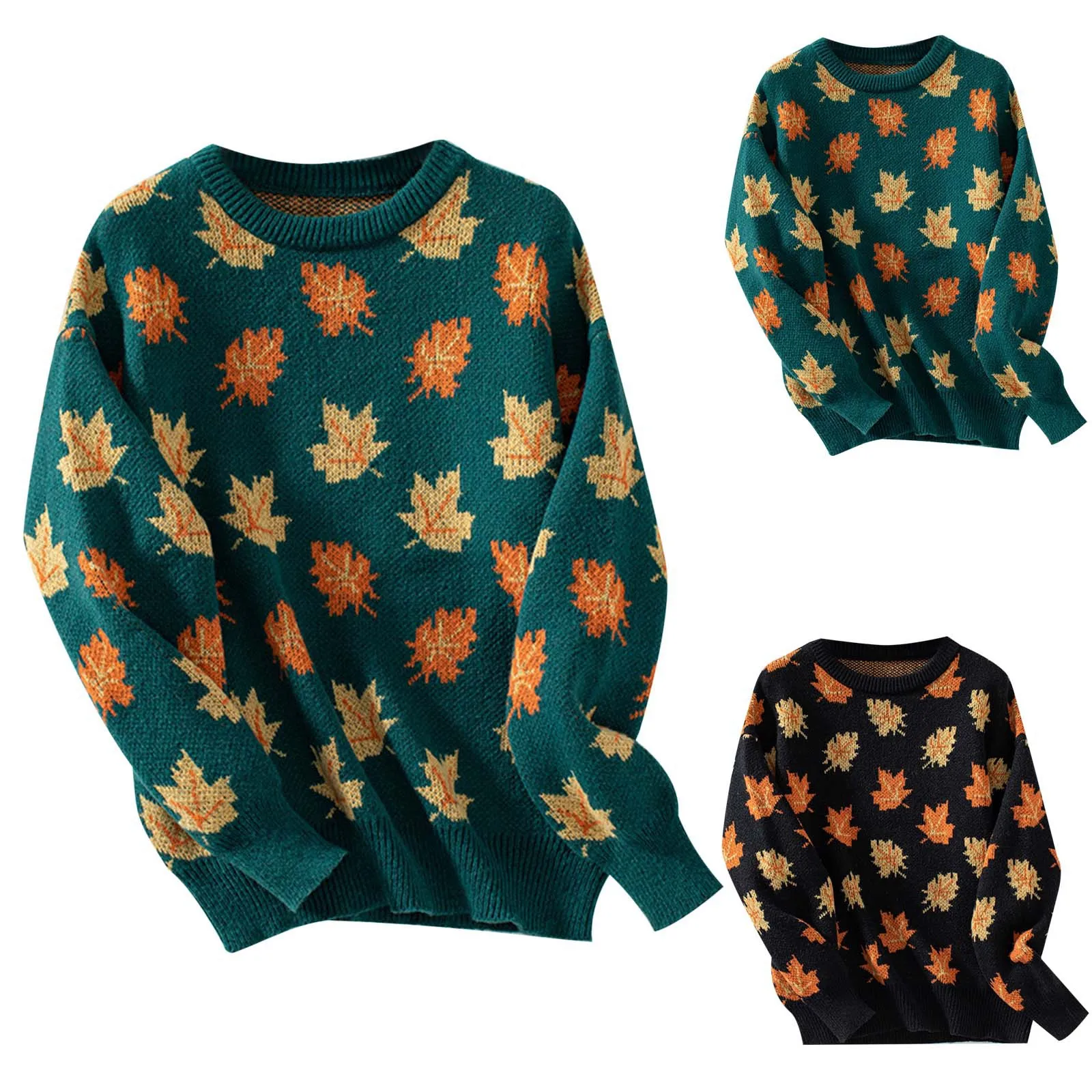 Women\'s Autumn Winter Sweater Maple Leaf Pattern Neck Round Casual Pullover Knitted Sweater Casual Fashion Oversized Tops