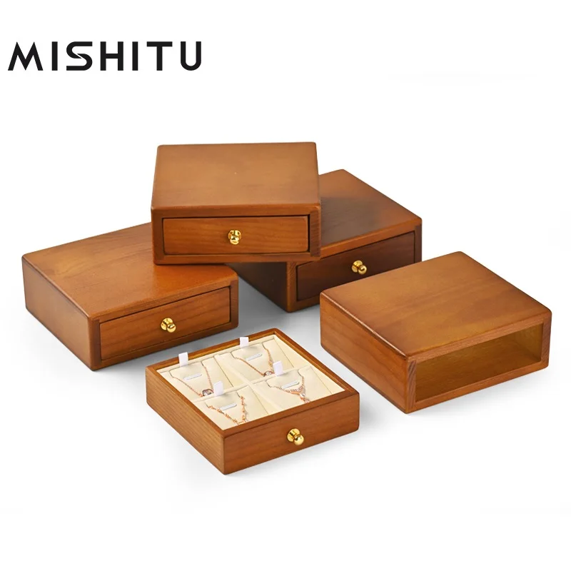 MISHITU Solid Wood Jewelry Case For Ring Earrings Necklace Bracelet Watch Rectangle Jewelry Box Display 13*12*4.8CM