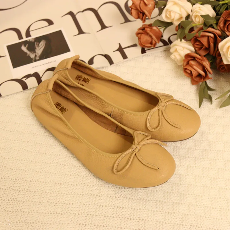 

Leather Slip-On Knot Casual round Toe Women's Shoes Comfortable Flat Bottom Fashion Single Shoes Spring Season