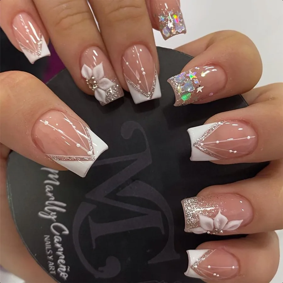

24pcs Short Square Pr on Nails French Tip Fake Nails White Flower with Sta Glitter False Nails Luxury Nail Charms Crafts White