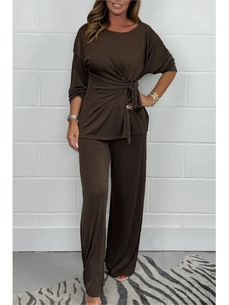 

Autumn Fashion Lace-up Long-sleeved Top Wide-leg Trousers Two-piece Set Women's Simple Solid Color Comfortable Casual Pants Set