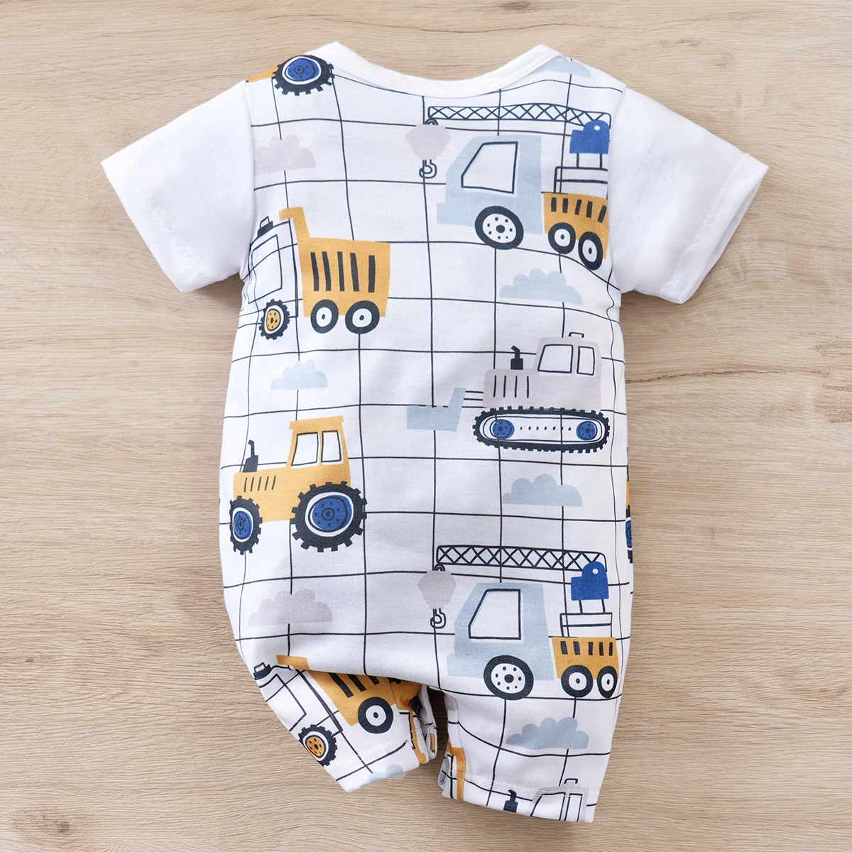 IURNXB Baby Romper Infant\'s Engineering Car Print Faux Two-piece Bodysuit Casual Short Sleeve Onesie Newborn Clothing 0-18M